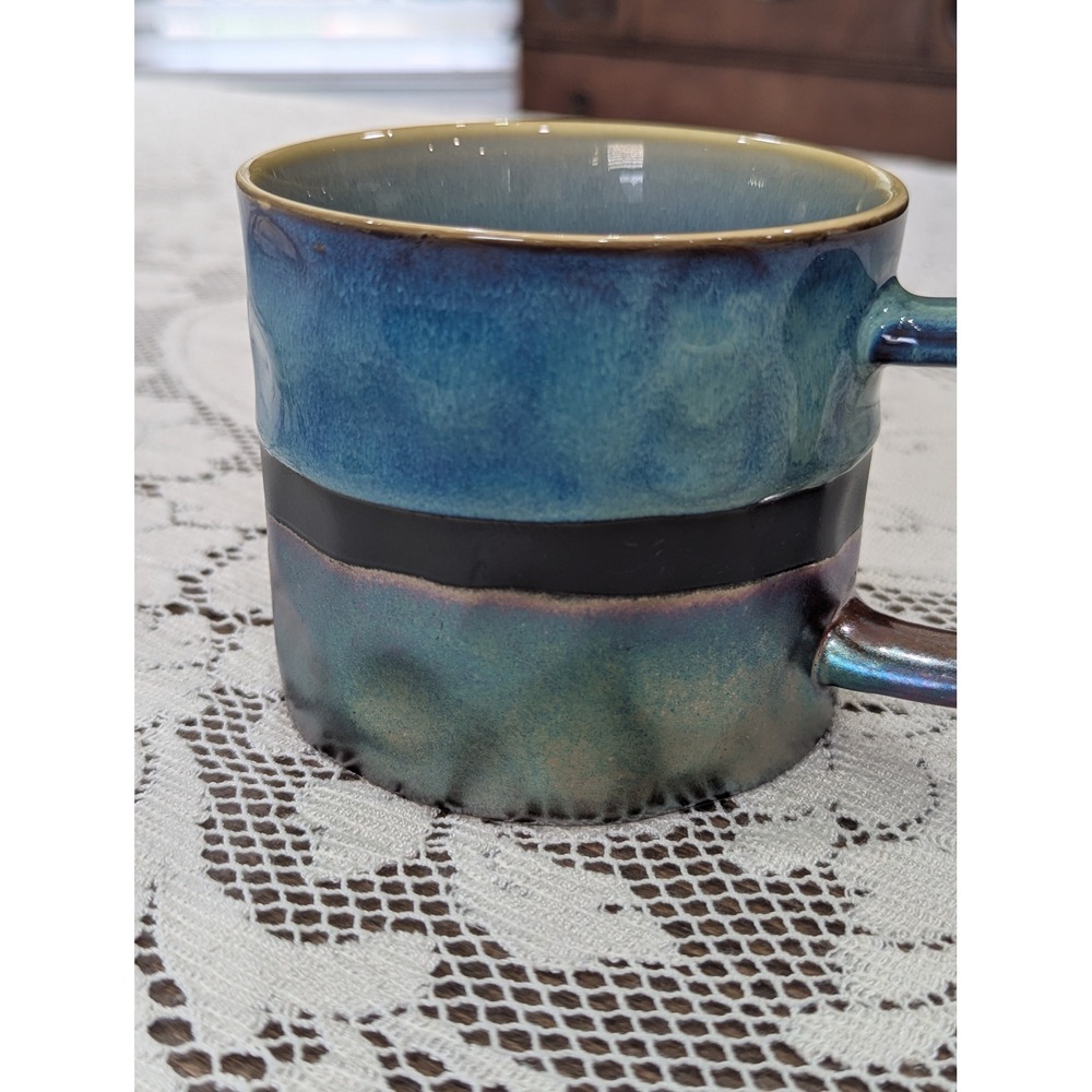 Vintage Coffee Mug Teal Blue Iridescent Studio Pottery Square Handle - Picture 10 of 14